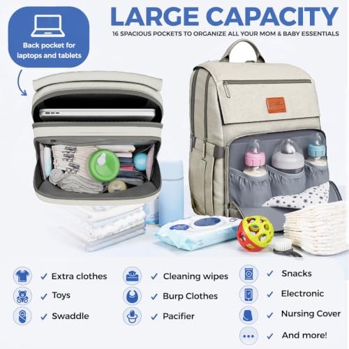 Baby Shower Gifts Diaper Bag Backpack, Baby Diaper Bag, Large Baby Bag for Boys & Girls, Waterproof, 16 Pockets, Insulated Bottle Holders, Durable,Travel-Friendly & Lightweight,Easy Organization,Beige - color: R. Beige, style: Classic