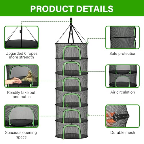 iPower Herb Drying Rack 6-Layer 2-Feet Hanging Mesh Net Dryer Collapsible with U-Shape Zippers, Pothook, Carabiner and Storage Pouch, for Hydroponics Flowers, Buds, Fruits, Seafoods, Clothes, New - size: 6-Layer, style: Black U-Zippered New