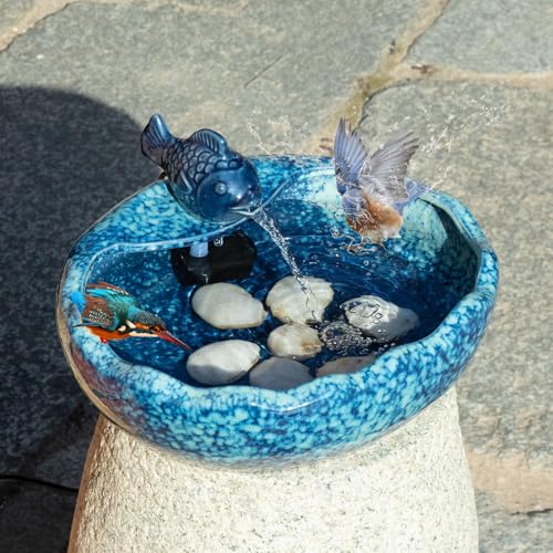 Ceramic Solar Bird Bath Fountain with Battery Backup,Solar Fountain Outdoor | Birdbath Fountain ,Solar Water Fountain for Garden, Patio & Yard Decor,Working at Night for at Least 6 Hours (Koi Fish).