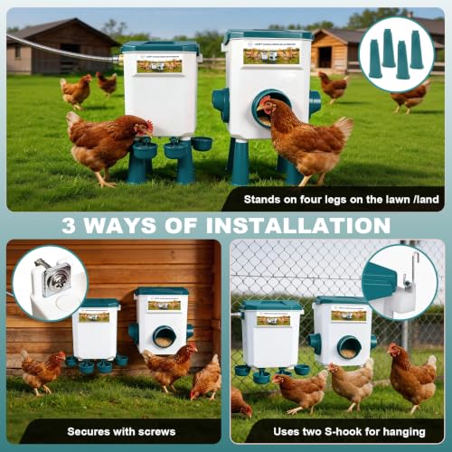 Chicken Feeder and Waterer Set with Legs,2 Gallon Automatic Waterer with Float Valve,26.5 Pounds Practical Feeder,Reduces Feed Waste,BPA-Free for Long-Term Use,Standing/Hanging Use for Poultry - color: white