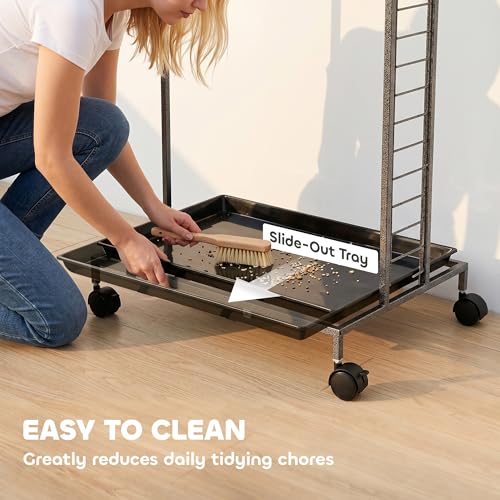 PawHut Bird Stand Parrot Stand with Wheels Wooden Perch Ladder Dark Gray | Stainless Steel Bowls, Slide-out Tray, for Indoor Outdoor Use, for Budgies, Parakeets