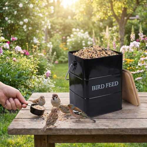 Metal Bird Seeds storage container,Outdoor Bird Container Canister, Pet Food Bin with Wooden Lid/Handle/Food scoop,hold 5-6 Lbs of Wild Bird Seed Sunflower Seed-Preventing Squirrels-Black - color: Black