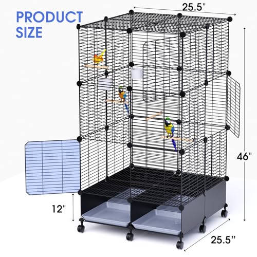 Flight Bird Cage, Large Metal Parakeet Cage with Wheels | With Perches, Slide-Out Trays, Bowls & Bird Toys for Cockatiels, Lovebirds & Small to Medium Birds, 25.5" x 25.5" x 46"