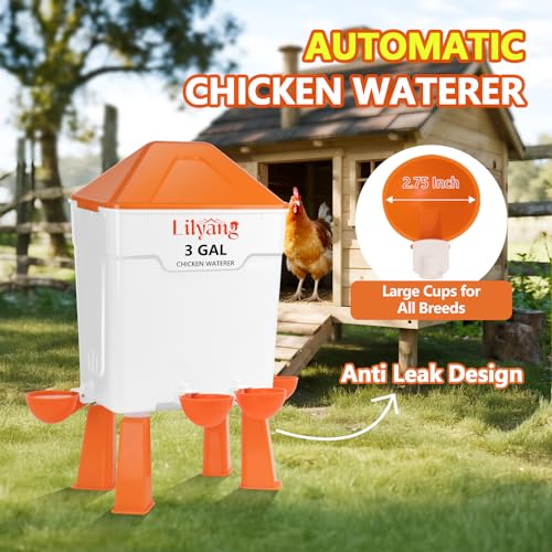 Lilyang Chicken Feeder and Waterer Set 3 Gallon, End Coop Mess | Anti-Spill Ports (3.5") & Stay-Clean Cups (2.75"), Automatic No-Waste Poultry Feeder, No-Tools Assembly - color: Tangerine