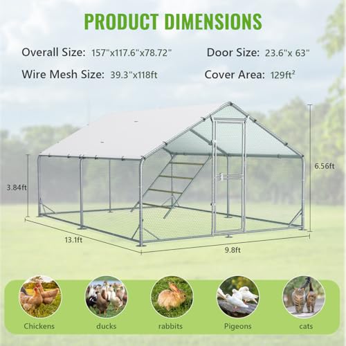 Large Metal Chicken Coop Runs for Yard with Cover, 10x13x6.5 | Perch Bars, Split Doors, Waterproof Covers, Mesh Wire - color: Spire Top, size: 157.5"L x 118.1"W x 78.7"H