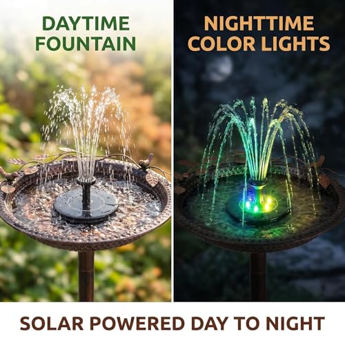 Metal Bird Bath with Solar Fountain Pump & LED Lights, 34" Tall Iron Birdbath for Outdoors, Heavy Duty Cast Iron Pedestal Bird Bath for Garden Yard Patio Lawn Deck, Bronze Finish