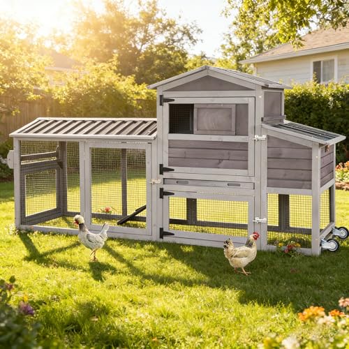 Aivituvin Chicken Coop with Run and Wheels, Mobile Outdoor Hen House Wooden Poultry Cage with Waterproof Roof (Grey, AIR61) - color: Grey, size: AIR61