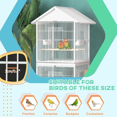 PawHut Wrought Metal Bird Cage Feeder with Rolling Stand Doors 67" H White | Perches, Food Containers, Wheels