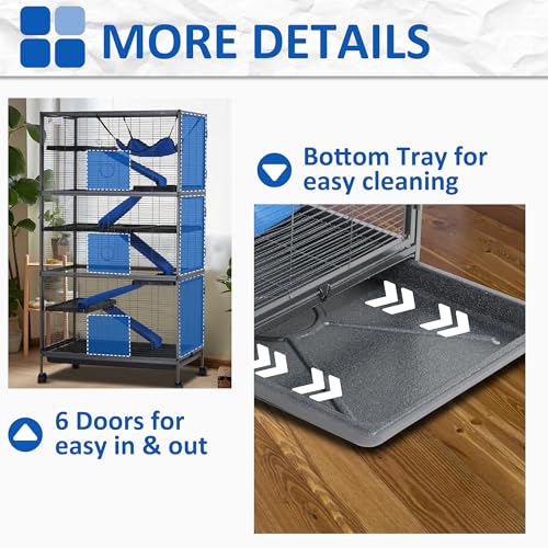 Polar Aurora Metal Small Animal Cage, 59" H Ferret Cage with Lockable Wheels, Deluxe Chinchilla Cages with Hammock and Removable Tray, 6 Tiers Animal Cages for Pets - size: Extra Large