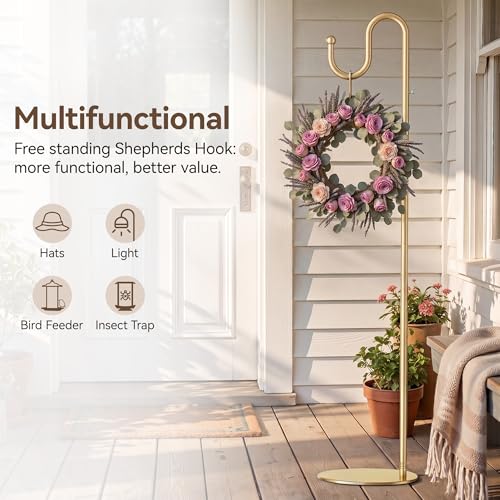 74" Shepherds Hook Stand: Hanging Bird Feeders, Wind Chimes, Plants, Gold | Heavy Duty, Free Standing, Adjustable Pole Holder with Metal Base for Indoor & Outdoor, Holds Up to 20 LBS - color: Gold