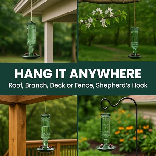 Perky-Pet Antique Glass Bottle Hummingbird Feeder, 10 oz Capacity, Green | 4 Feeding Ports for Outdoors Hanging Bird Feeders, Backyard Garden Décor - style: Green Bottle