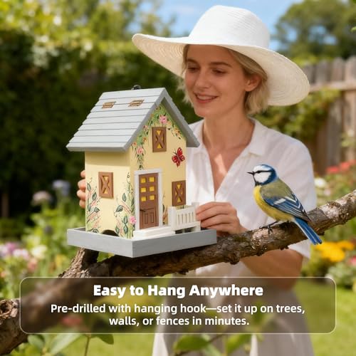MEWANG Outdoor Hanging Bird Feeder, Decorative Wooden Bird House Without Camera for Hummingbirds, Cardinals & Bluebirds (Light Yellow) - color: Light Yellow