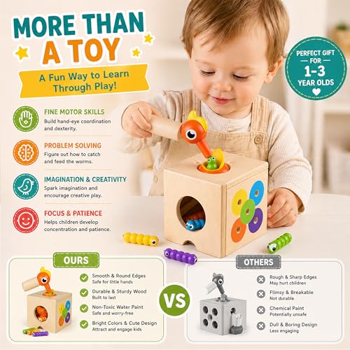 5-in-1 Wooden Activity Cube, Magnetic Bird Feeding Toy | Fine Motor Skills, Hand-Eye Coordination & Early Learning