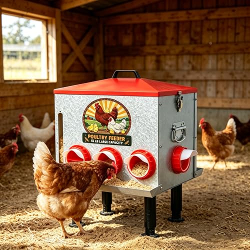 55LB Large Automatic Chicken Feeder with View Window & No-Waste Food Tray | 8 Feeding Ports Galvanized Steel Raised Chicken Feeder with Waterproof Locking Lid & Height Adjustable Stand for Ducks, Geese