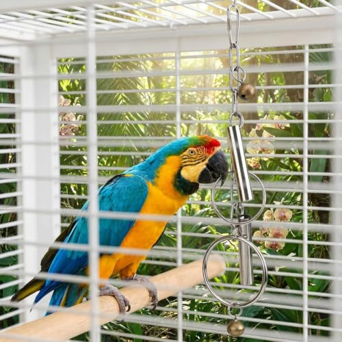Durable Stainless Steel, Engaging Sound & Chew Resistant Pet Enrichment Toys Bird Bell Toy with Hanging Metal Rings - Heavy Duty Parrot Cage Accessory for Macaws, Cockatoos & Large Birds