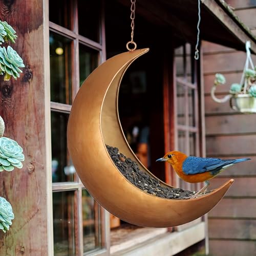 Hanging Moon Bird Feeder – Unique Metal Bird Feeders for Outdoors, Antique Gold, Rust-Resistant, – Wild Bird Feeder for Bluebirds, Cardinals, Finches, and Backyard Birdwatching - color: Antique Gold