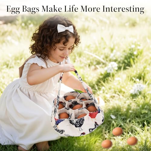 JJUNW 1 Pc Egg Collection Basket, Farmhouse Chicken Egg Holder with 7 Bags, Handheld Egg Purse Egg Basket for Collecting Fresh Eggs, Housewife Garden Transport Storage(Beige Chicken)