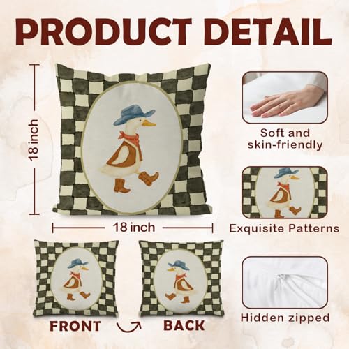 Western Cowboy Goose Nursery Pillow Cover 18x18, Whimsical Farmhouse Country Wild West Goose Retro Checkered Decorative Throw Pillow Cover for Home Nursery Kids Room Bedroom