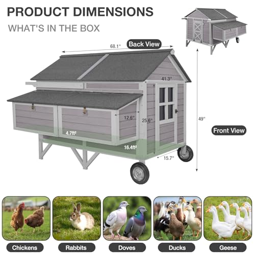 GUTINNEEN 68" Chicken Coop for 8-12 Chickens with Large Wheels, Mobile Wooden Hen House with 4 Nesting Boxes, 4 Perches, Pull-Out Trays, Outdoor Backyard Poultry Cage - size: 68.1"L x 53.9"W x 49.0"H