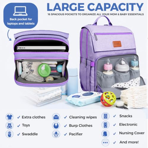 Baby Shower Gifts for Mom - Diaper Bag Backpack - 16 Organizer Pockets Baby Diaper Bag w/ Insulated Bottle Holders & Wipes Pocket, Large Capacity Baby Bag Backpack - Waterproof & Easy to Clean, Purple - color: K. Purple, style: Classic
