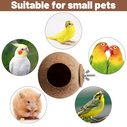 2 Pcs Natural Coconut Shell Bird Nest House Bed Breeding Nesting Anti-Pecking Bite Parakeet Hide Breeding Hut Bird Cage Accessories for Hamster Birds Parrot Budgie Lovebird Canary Finch