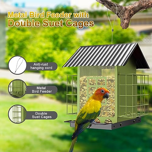 FlowaFoli Bird Feeders for Outdoors Hanging, Metal Bird Feeder with Double Suet Cage Cake, Large Capacity, Birdfeeders Sturdy & Weatherproof, Easy to Clean & Refill, Great for Attracting Wild Birds - color: Green