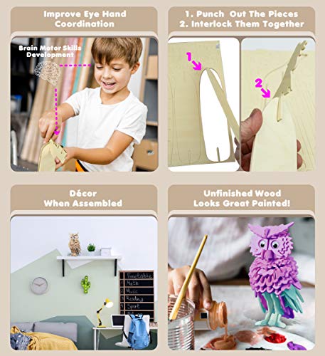 Puzzled 3D Puzzle Owl Wood Craft Construction Model Kit, Fun Unique & Educational DIY Wooden Toy Assemble Model Unfinished Crafting Hobby Puzzle to Build & Paint for Decoration 146 Pieces Pack