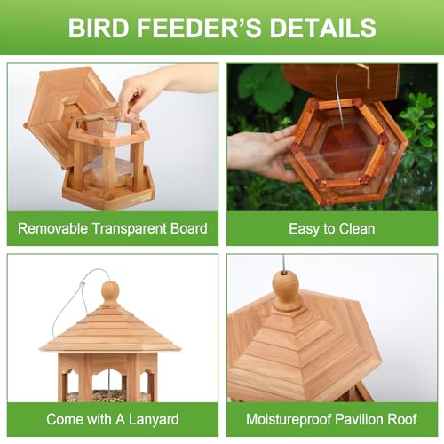 Wooden Bird Feeder for Outdoors Hanging, Red Cedar Hexagon Shaped Large Capacity, Cardinal Birdfeeder for Garden Decoration Yard, Weatherproof and Durable(Medium) - size: Medium