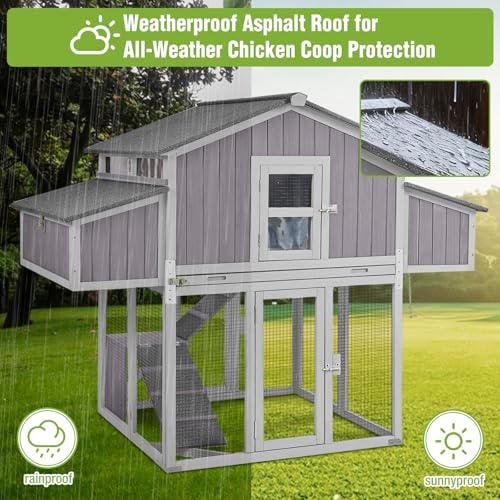 GUTINNEEN Large Foldable Chicken Coop Wooden with Nesting Boxes, Two-Tier Chicken House with Run, PVC-Covered Nest Box, Easy Clean Tray, Predator-Proof Outdoor Poultry Cage for 4–6 Chickens - size: 69.8"L x 42"W x 54.6"H