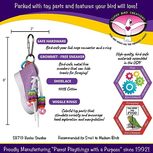 Super Bird Creations SB719 Beaker Sneaker Bird Toy for Parrotlets, Parakeets, Cockatiels, Lovebirds, ringnecks, Medium Conures - Mini Colorful Canvas Sneaker - Small/Medium Bird Size, 6" x 2"