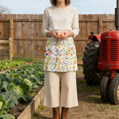 CUTHOLLOW Egg Collecting Apron for Adlut, Housewife, 18 Deep Pockets Hen Egg Gathering Holding Apron with Elastic Closures - style: Watercolor Flowers