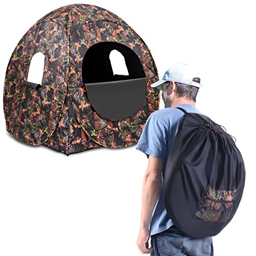 Tangkula 3 Person Pop up Ground Blind, Portable Hunting Blind with Mesh Windows, Carrying Bag & Ground Stakes, Camouflage Hunting Tent with Hub System, Camo Deer Blinds for Hunting - style: Oval Window