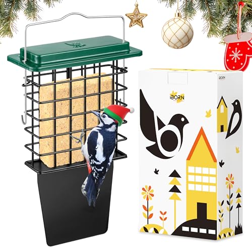 iBorn Suet Feeder with Tail Prop,Woodpecker Feeder,Suet Feeders for Outside Hanging,Suet Bird Feeders for Outdoors,Heavy-Duty Suet Cage,Suet Holder,Rainproof Roof,Easy Clean and Refill,1 Pack,Green - color: Green, size: Single Capacity