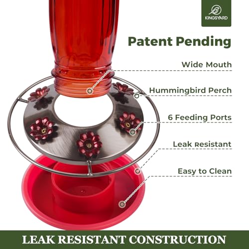 Kingsyard Glass Hummingbird Feeder for Outdoors Wild Bird Feeder with 6 Feeding Ports Hanging for Garden Yard, Red (Ant Moat Included) - color: Red