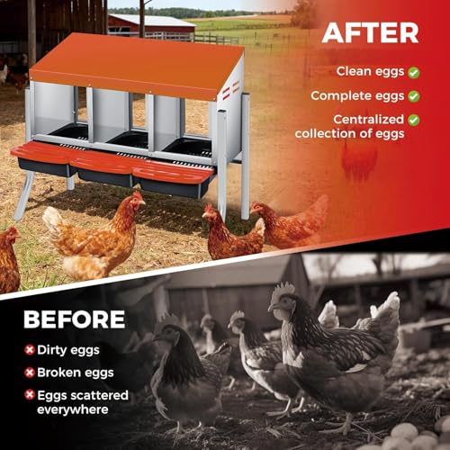  Chicken Nesting Box with Cleanable Pull Out Trays, 3 Hole Roll Away Nesting Box for Laying Hens, Wall Mount or Placed Design for Easy Egg Collection ﻿ - color: Orange, size: 3 Holes with legs