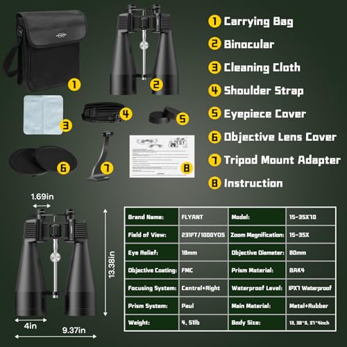 15-35x80 Astronomy Binoculars for Adults, High Powered 35x Zoom HD for Stargazing & Bird Watching, Waterproof Binocular with Tripod Adapter, Ideal Essentials for Cruise Ship, Travel, Camping, Hunting