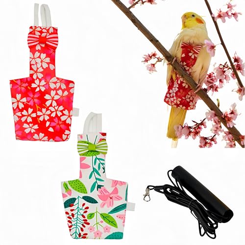 2 Pcs Bird Diapers Bird Harness Flight Suits Diapers with 80in Flying Leash Reusable Parrot Nappy with Waterproof Inner Layer for Cockatiel Budgie Conure Parakeet Lovebird-Red&White