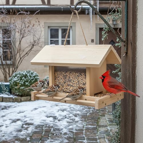Hanging Wooden Bird Feeder, Outdoor Large Capacity Wood Birdfeeder for Feeding Outside Garden Wild Birds Finches Robin Sparrow Blue Jay Chickadees - color: Light Wood Color