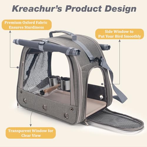 Bird Carrier Parrot Travel Cage with Perch, Food Bowl, Tray and Breathable Clear Window, Bird Travel Bag for African Gray Cockatiel Caique Conure Quaker, for Vetting Camping Hiking (Gray) - color: Gray