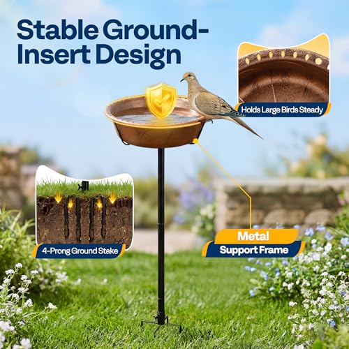 VIVOHOME Bird Bath for Outside with Metal Ground Stake, Bronze | Weather-Resistant ABS, 13-Inch Bowl, 1.45-Gallon Capacity, for Outdoor/Garden, Bird-Friendly, Easy to Clean - color: Bronze, size: Birdbath Only