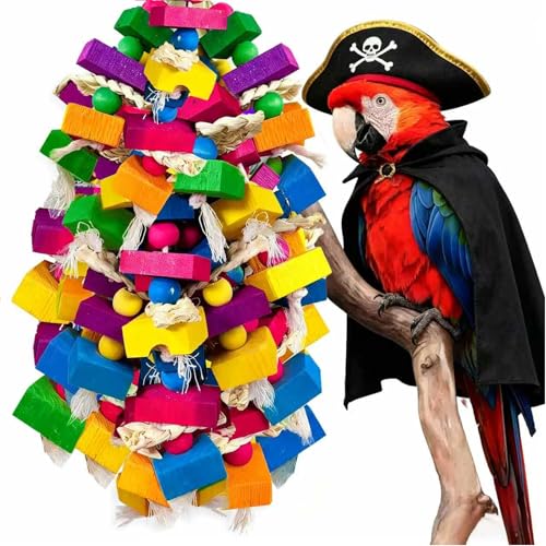 Large Parrot Chew Toys, Colorful Natural Wood Hanging Shredding Toy, Heavy Duty Beak Grinding Enrichment Toy for Macaw, Cockatoo, African Grey Large Bird Cage Accessories