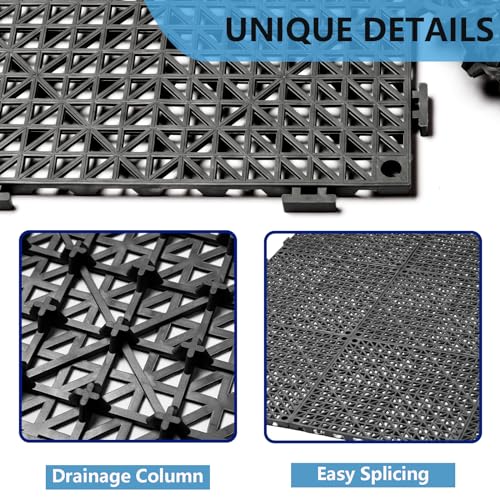 12” x 12” Drainage Interlocking Floor Mats 8 Pack for Outdoor and Indoor | Non-Slip Pool Deck Drain Mats Soft PVC Splicing Modular Cushion Rubber Flooring Tiles with Holes for Basement Garage Shed - size: Black