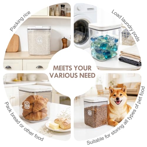 LEAWALK 5-7Lbs/5.81Qt/5.5L Airtight Dog Cat Food Storage Container and Pet Storage Bin BPA-Free. PET Clear Stackable Dog Treat Containers for Pet Food/Rice/Dry/Cereals/Flour/Sugar/Bread - color: White-5.5L-C