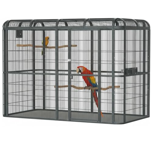 A&E Cage Co WI11062 Walk-in Bird Aviary for Macaws, 110"x62"x79" Black | 69"x25" Locking Front Door, 3 Swing-Out Feeder Doors, Stainless Steel Bowls, Powder-Coated Steel for Large Parrots - size: 110.0"L x 62.0"W x 79.0"H