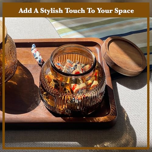 Decorative Amber Ribbed Glass Jar with Airtight Wooden Lid, 25.4 fl. oz | Wide mouth vintage storage canister, kitchen pantry bathroom organization, coffee sugar tea cookie candy candle vase gift - size: 25.4 Ounces, style: Amber Ribbed