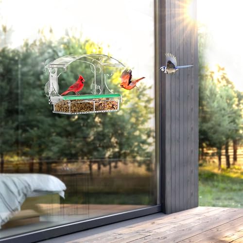 Clear Acrylic Window Bird Feeder for Outside with 4 Strong Suction Cups and Detachable Seed Tray, Highly Transparent Outdoor Viewing Birdfeeder, Wild Bird House Box
