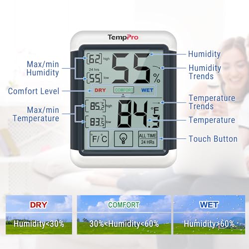 TempPro TempAir Digital Indoor Hygrometer Thermometer with Touchscreen | 4-Inch Temperature/Humidity Monitor with Backlit, Room Thermometer/Humidity Meter for House Home Greenhouse - size: Indoor