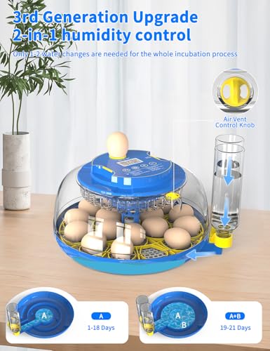 18-Egg 360° Panoramic Egg Incubator with Automatic Egg Turning and Humidity Control- Perfect for Hatching Chickens, Ducks, Quail & Other Birds (Blue)