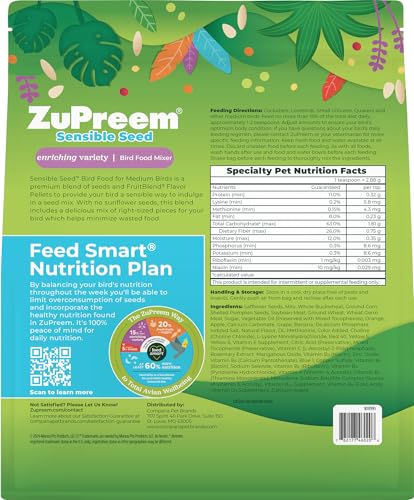 ZuPreem Sensible Seed Cockatiel & Conure Food, Variety Mixer, Medium, 2 lb | Bird Food Mixer, Cockatiel Food, Conures, Lovebirds, Quakers, Pellet Mix, Pumpkin Seeds, Safflower, Smart Pellet, Made in USA - size: 2 Pound (Pack of 1)