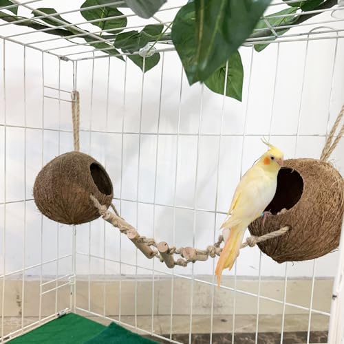 Bird Coconut Hides Nest with Ladder Parrot Cage Hanging Natural Coco Shell Hut Hide Toy with Wooden Bridge Hollow Hideaway Toys for Parakeet Lovebird Finch Canary 2PCS - size: 2PCS 22.04*13.38in